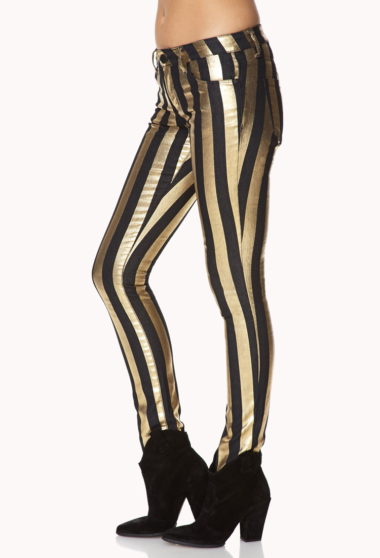 Forever 21 Glam Girl Striped Skinny Jeans In Metallic Lyst 6915