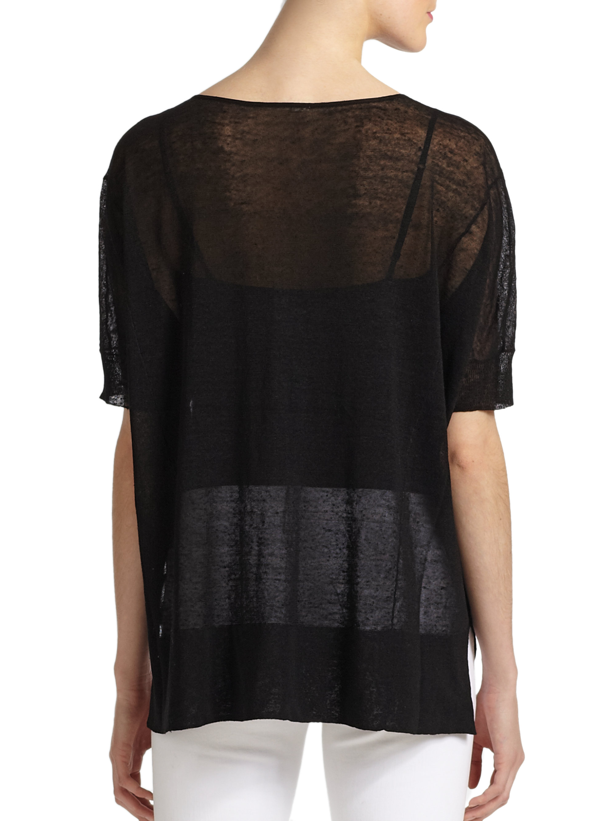 Lyst - Eileen Fisher Sheer Short Sleeve Hilo Cardigan in Black