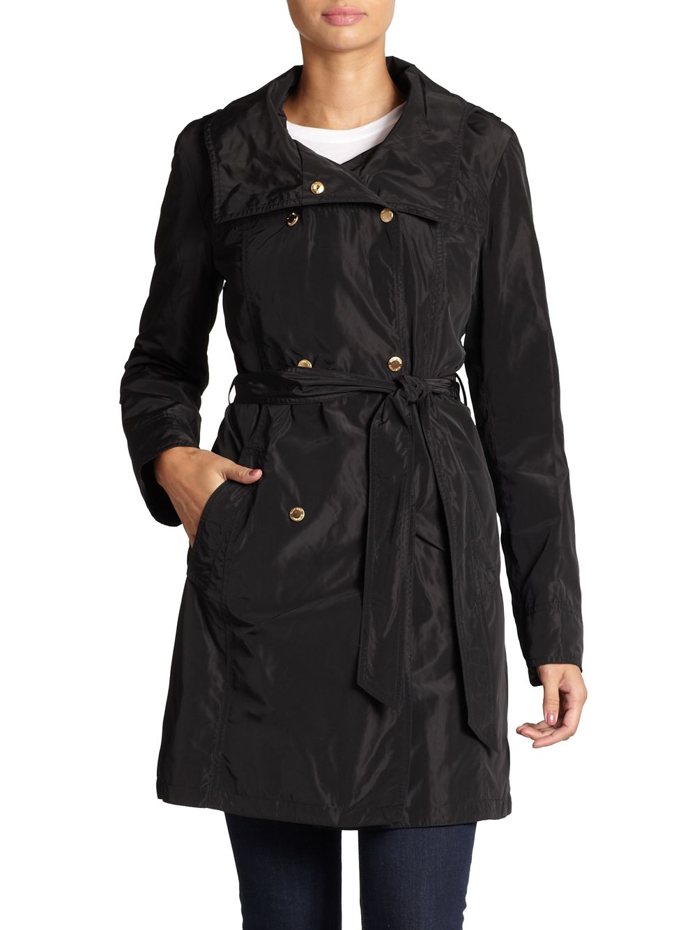 Ellen Tracy Double Breasted Rain Jacket in Black | Lyst