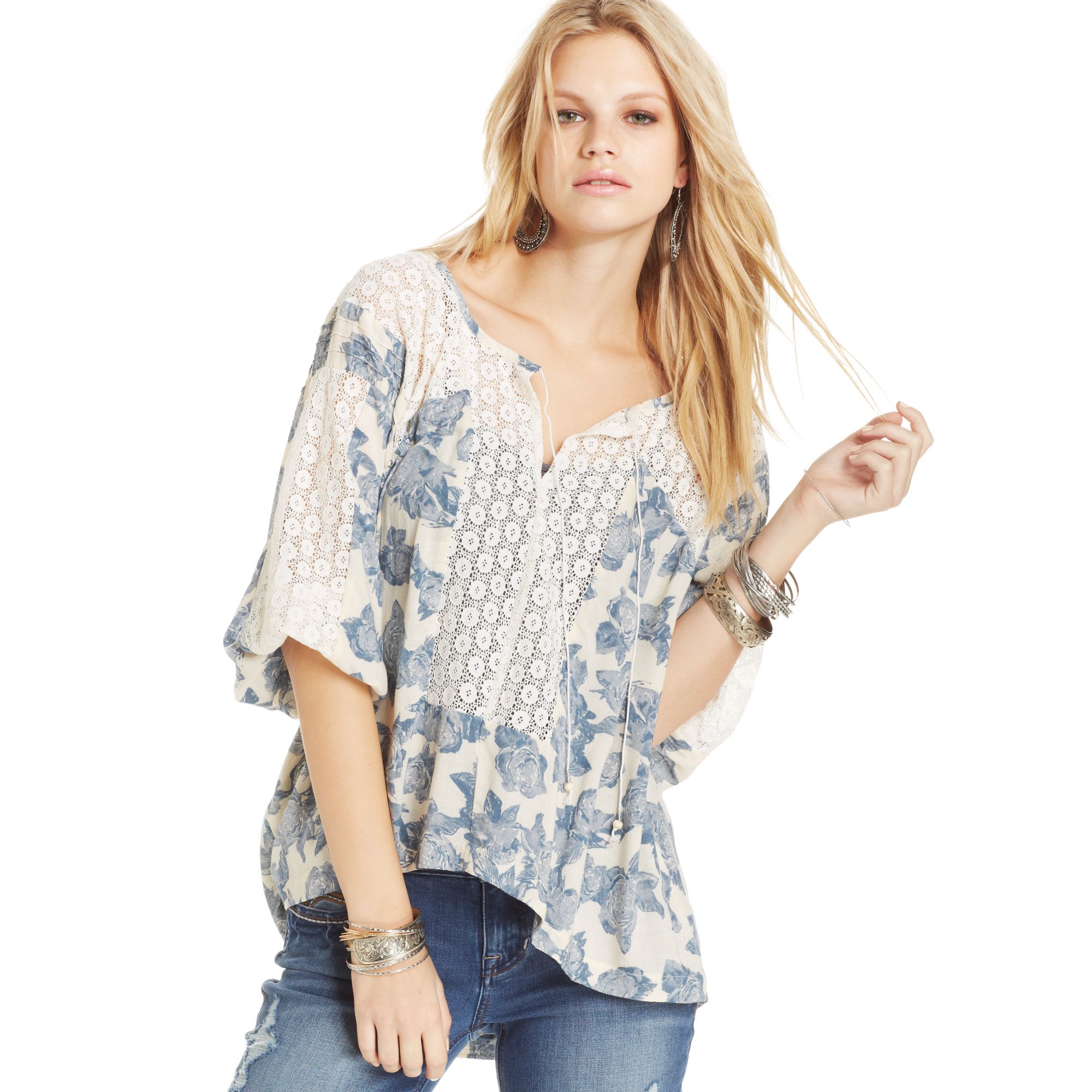 Free people Three Quarter Sleeve Lace Floral Print High Low Peasant ...