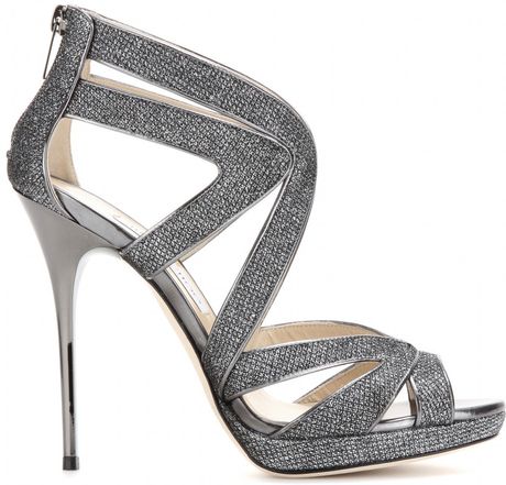 Jimmy Choo Collar Glittered-Canvas Sandals in Gray (anthracite) | Lyst