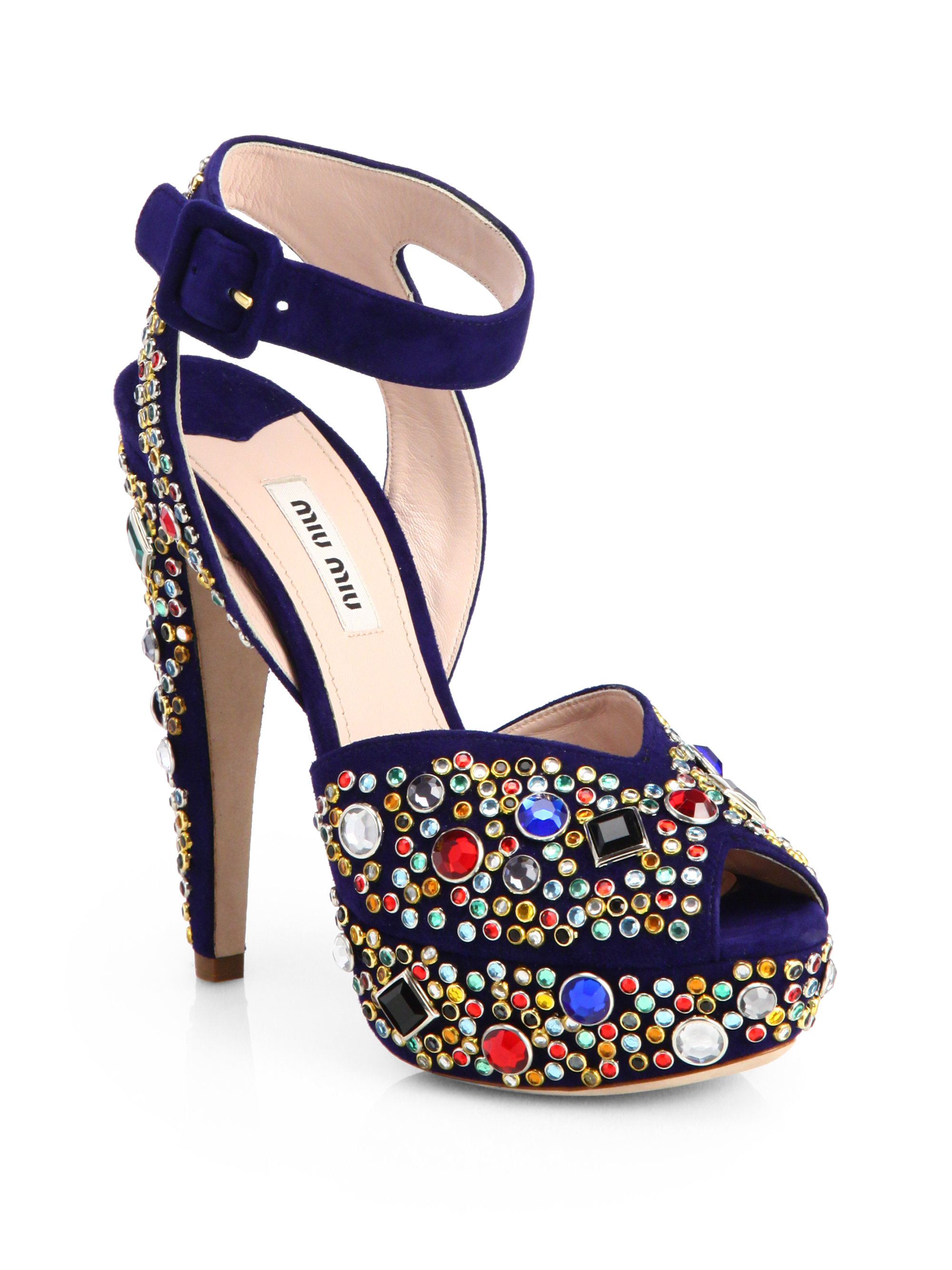 Miu Miu Donna Jeweled Suede Platform Sandals in Blue (NAVY MULTI) | Lyst