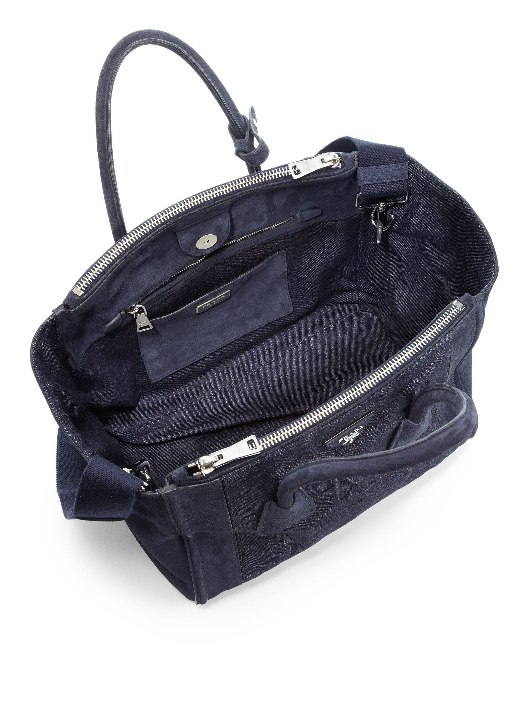 Prada Denim Suede Twin Pocket Tote in Blue (BLEU-BLUE) | Lyst