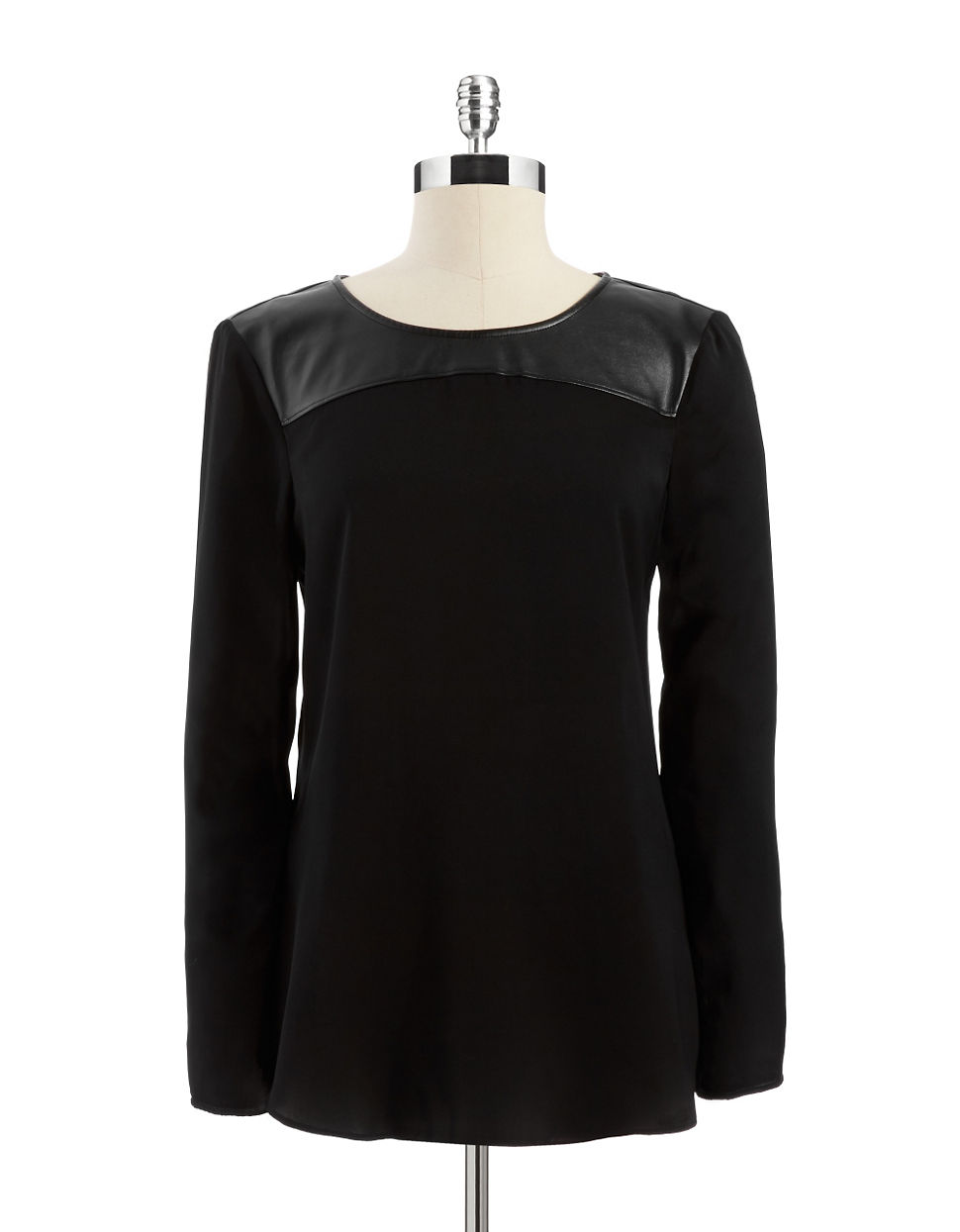 Dkny Blouse with Faux Leather Yolk in Black | Lyst