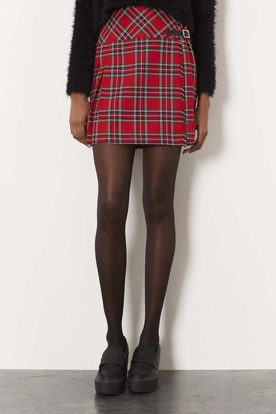 Topshop Red Pleated Tartan Kilt in Red | Lyst