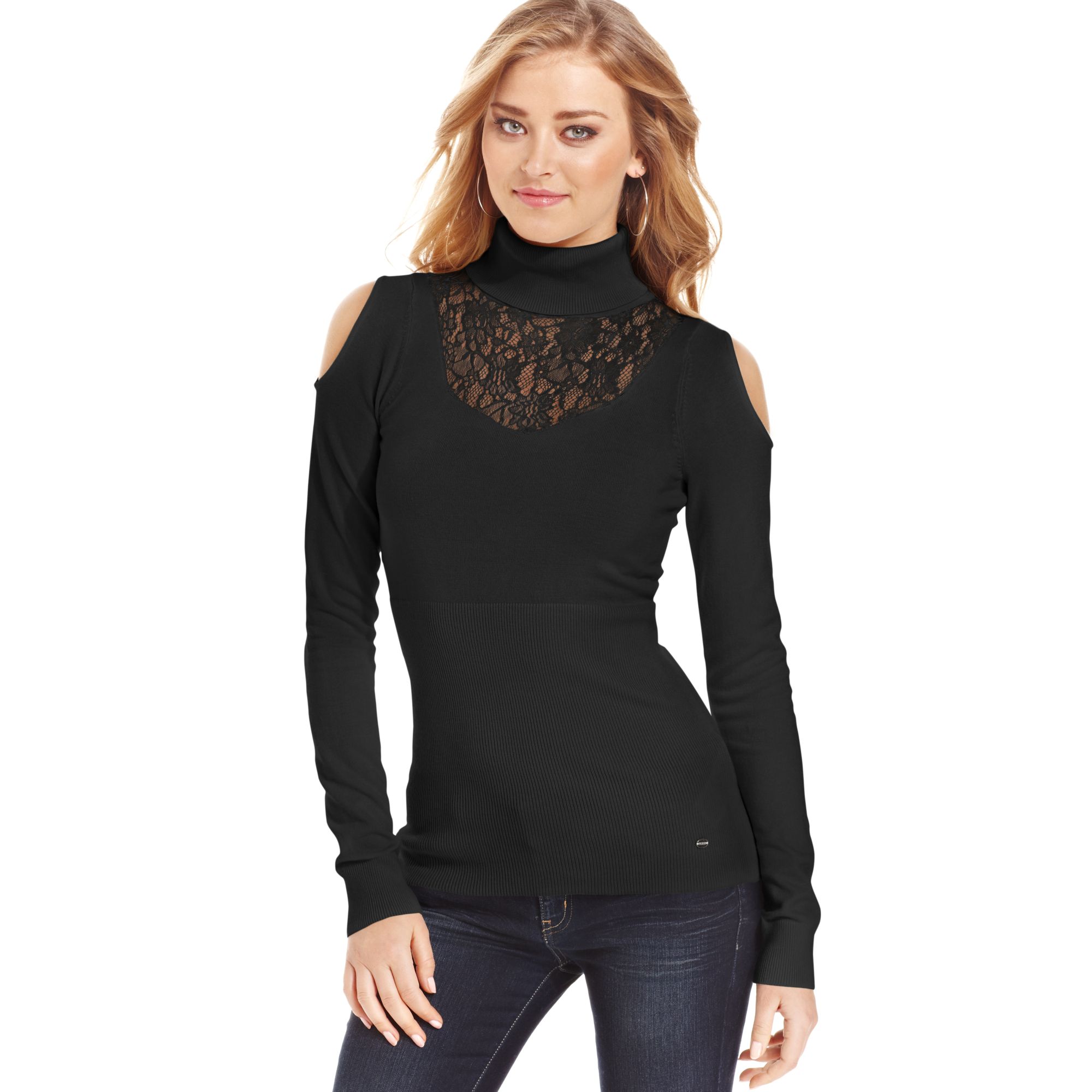 Lyst - Guess Lace Turtleneck in Black