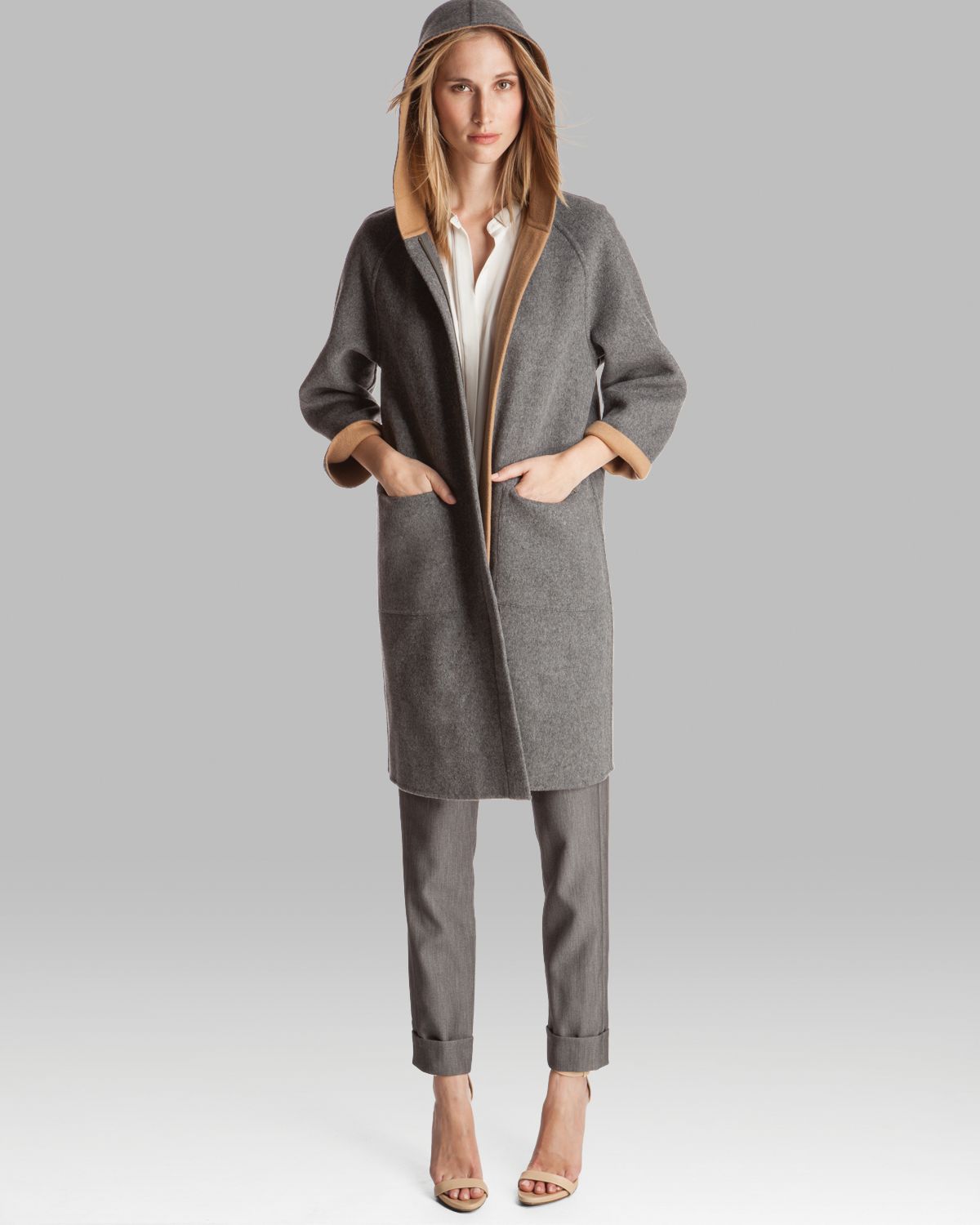 Lyst - Halston Coat Three Quarter Sleeve Reversible with ...