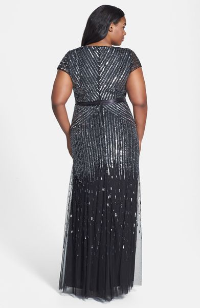 Adrianna Papell Embellished Mesh Gown in Gray (Gunmetal) | Lyst