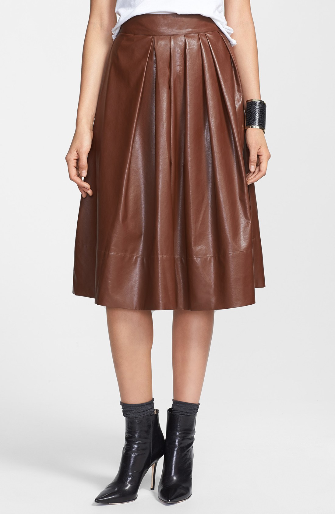 Leith Pleated Faux Leather Town Skirt in Brown (Cognac) | Lyst