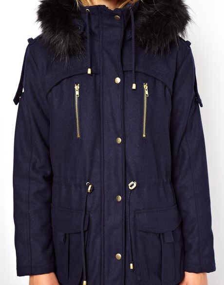 Asos Wool Parka With Faux Fur Hood in Blue (Navy) | Lyst