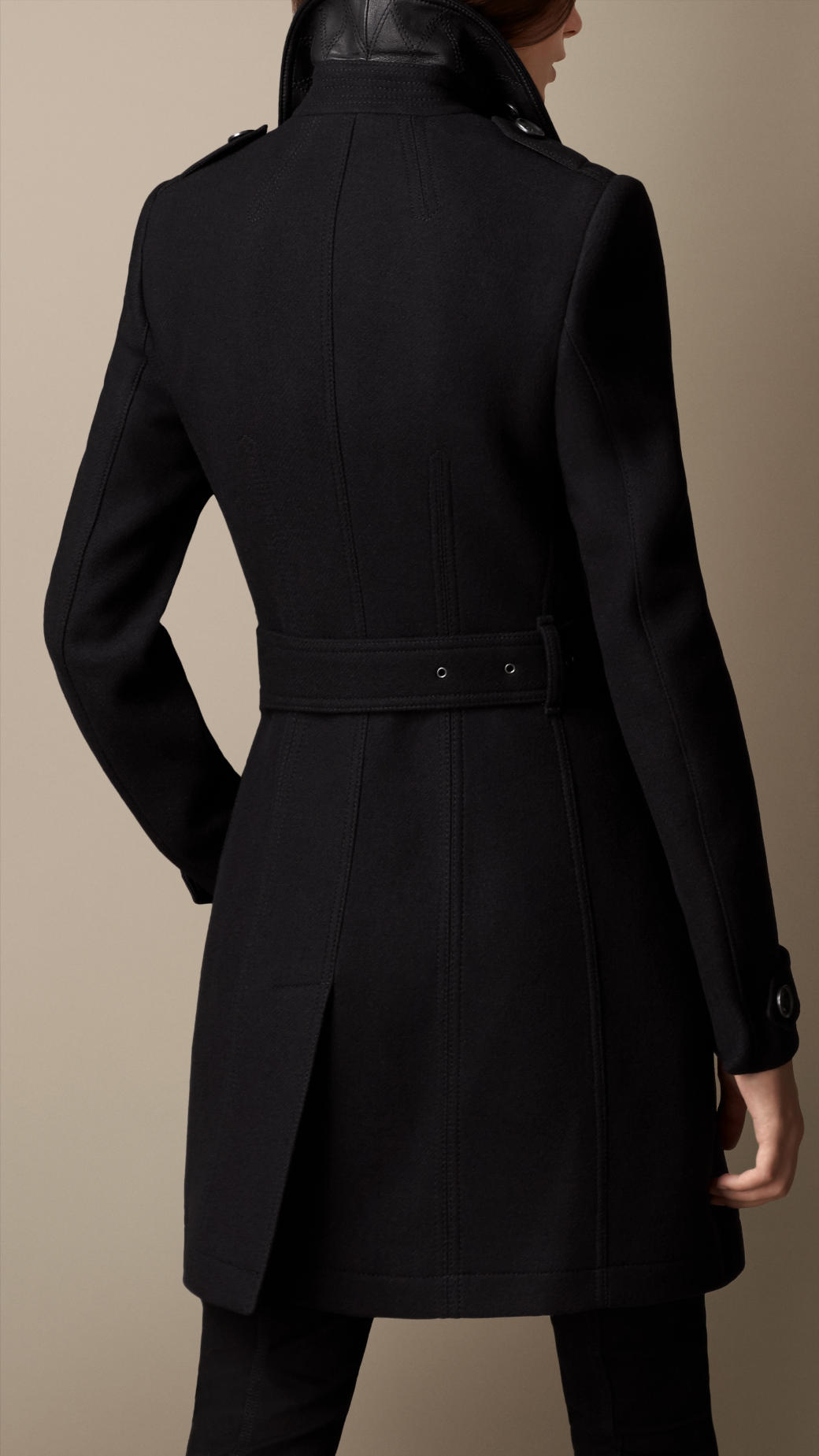 Burberry Leather Detail Military Coat in Black | Lyst