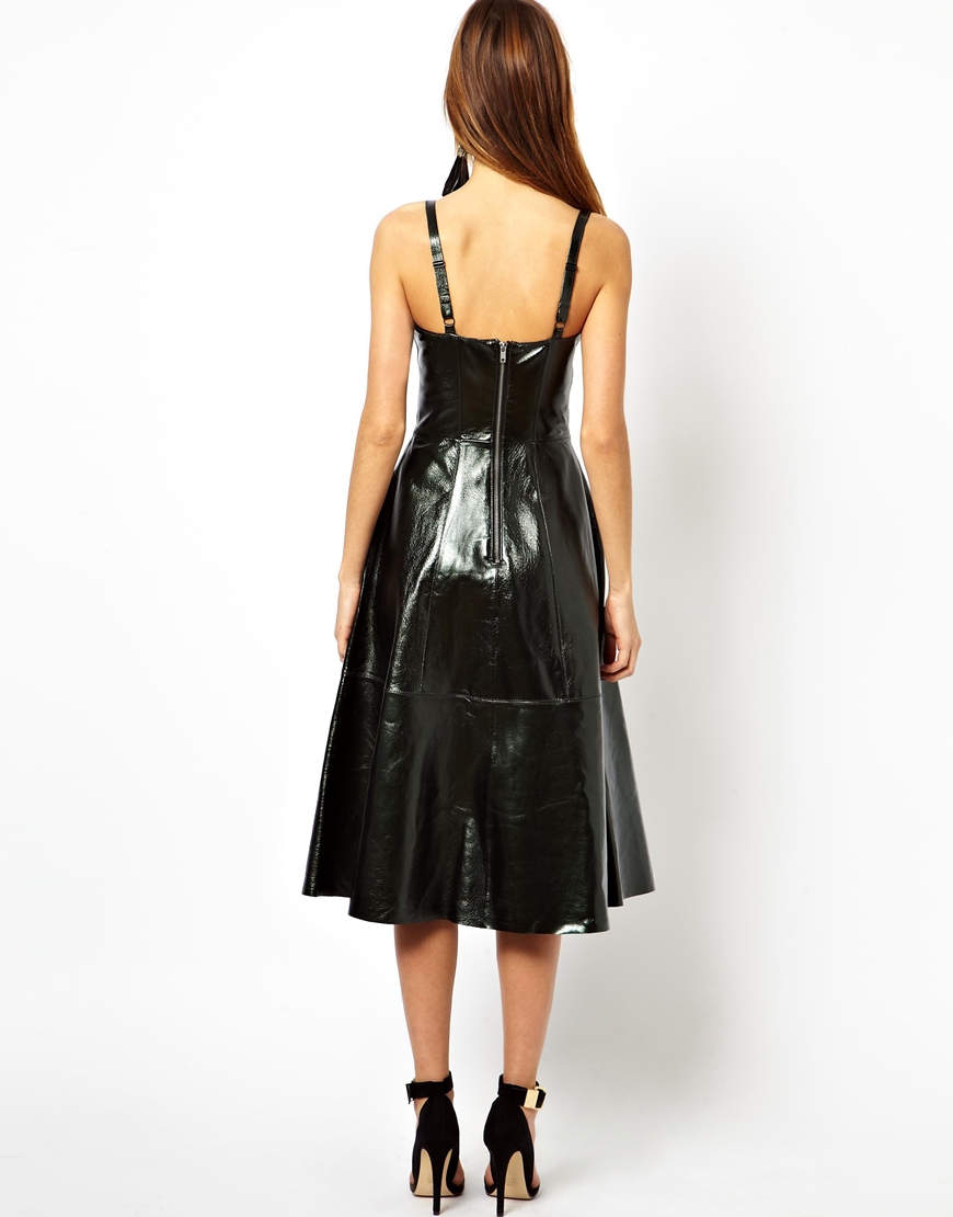 Lyst Asos Metallic Leather Midi Skater Dress In Black