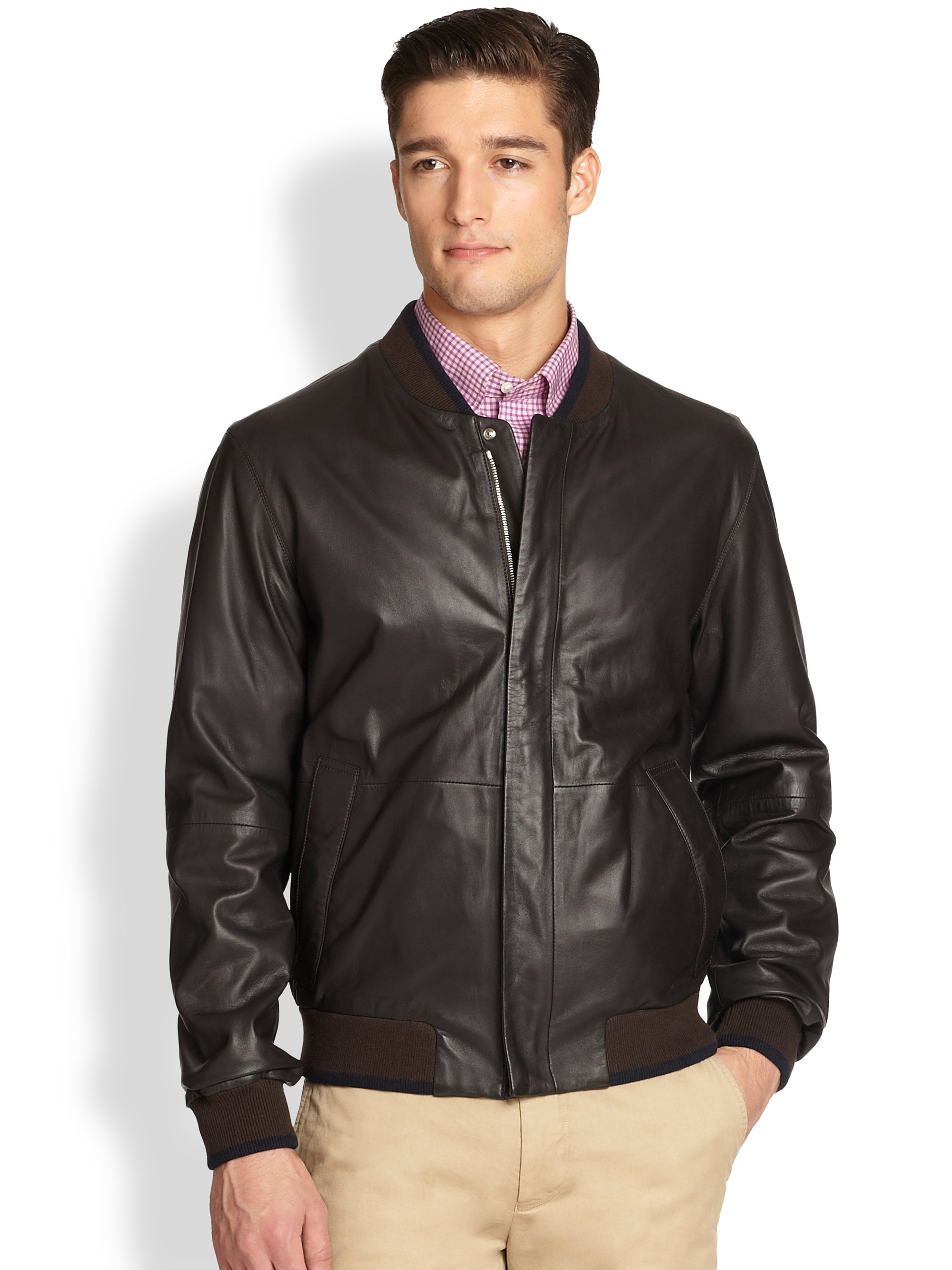 Façonnable Leather Bomber Jacket in Brown for Men | Lyst