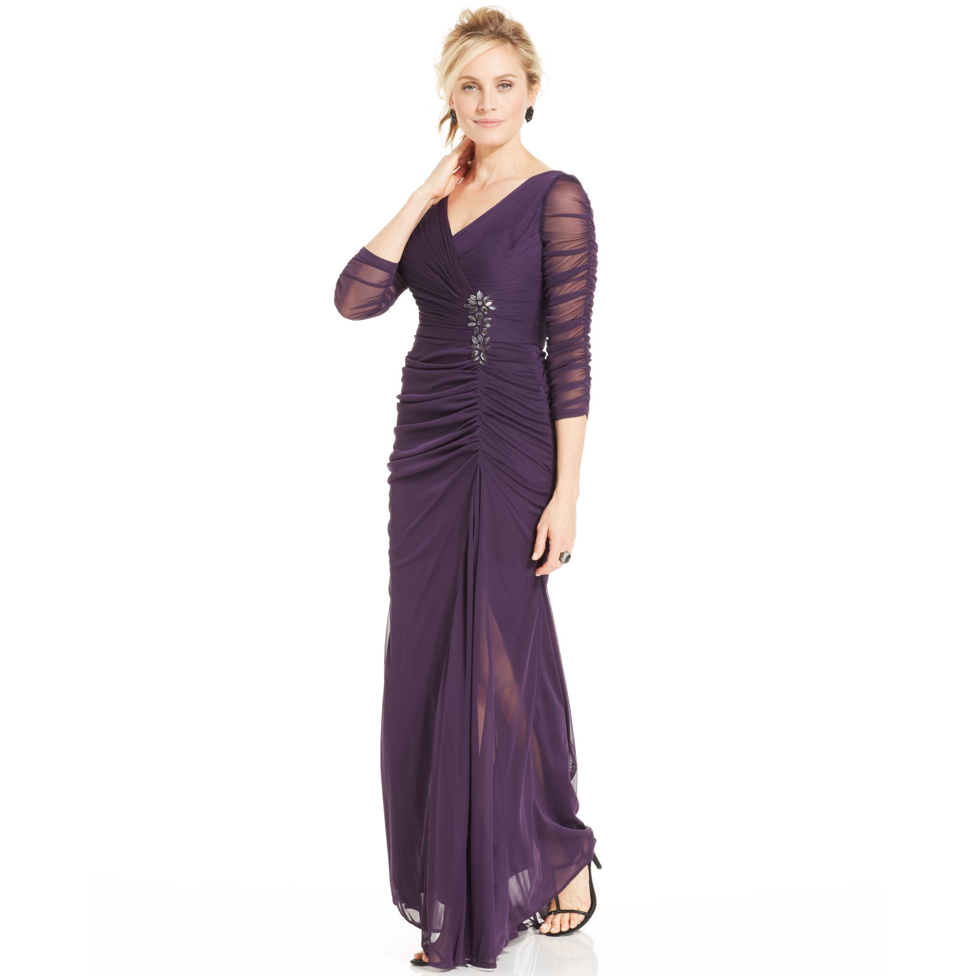 Lyst - Adrianna papell Threequartersleeve Ruched Gown in Purple