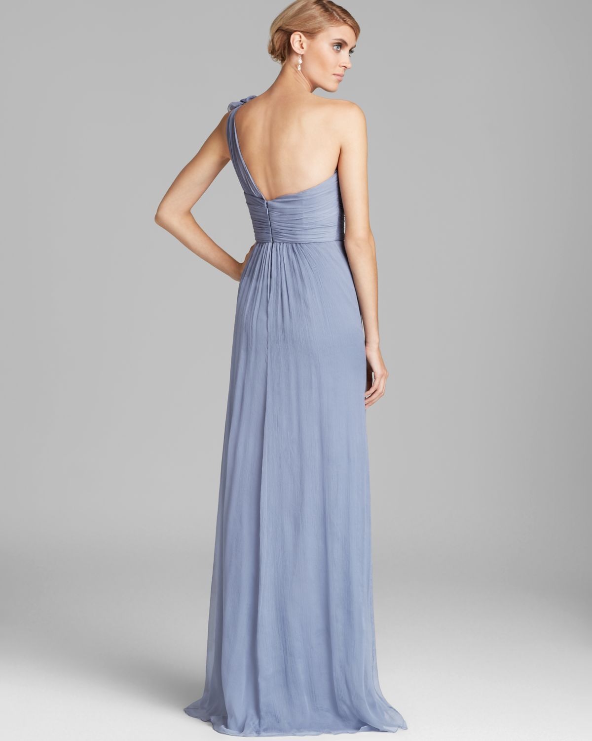 Lyst - Amsale One Shoulder Bow Detail Chiffon Gown in Blue