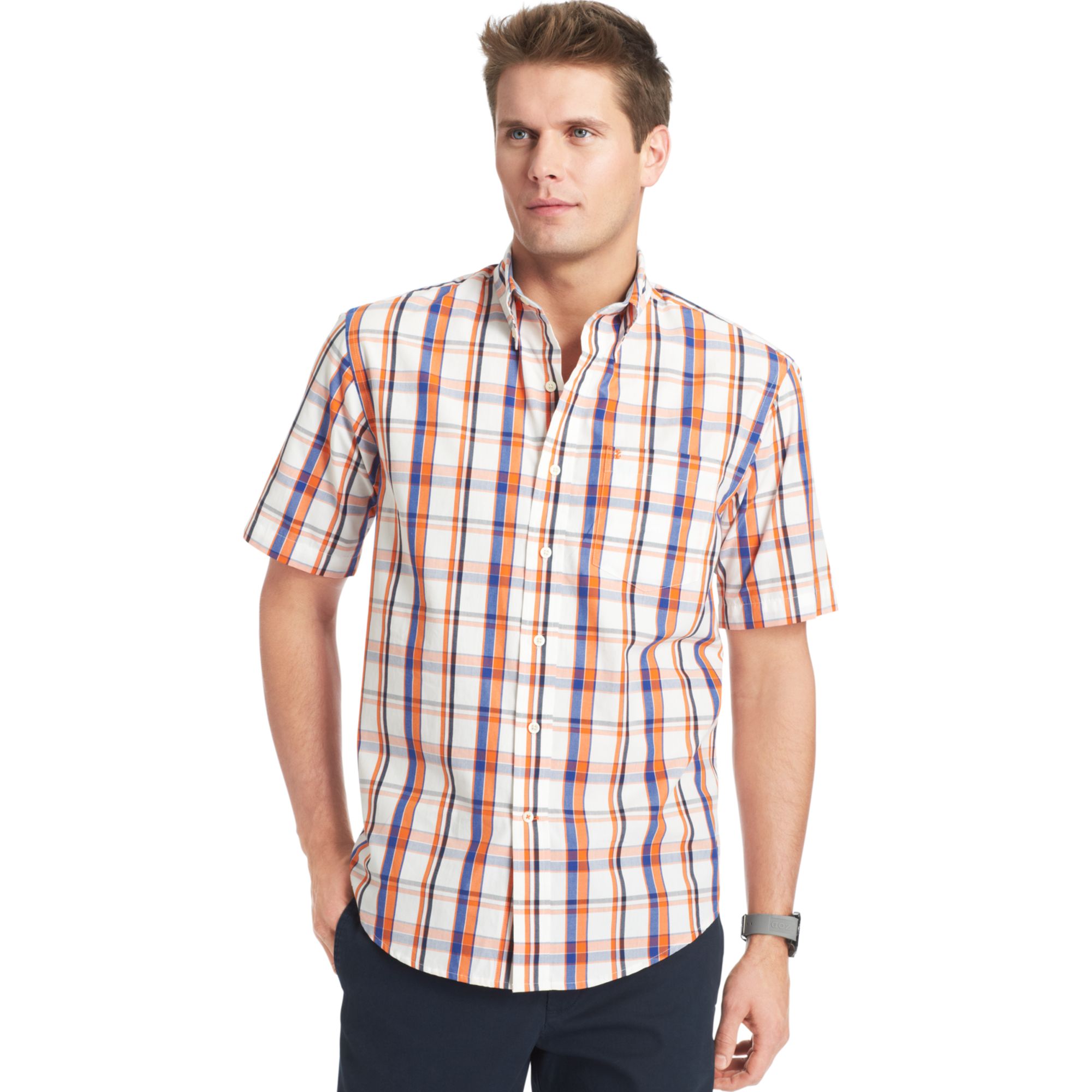 Izod Large Plaid Poplin Shirt in Orange for Men (Orangeade) | Lyst