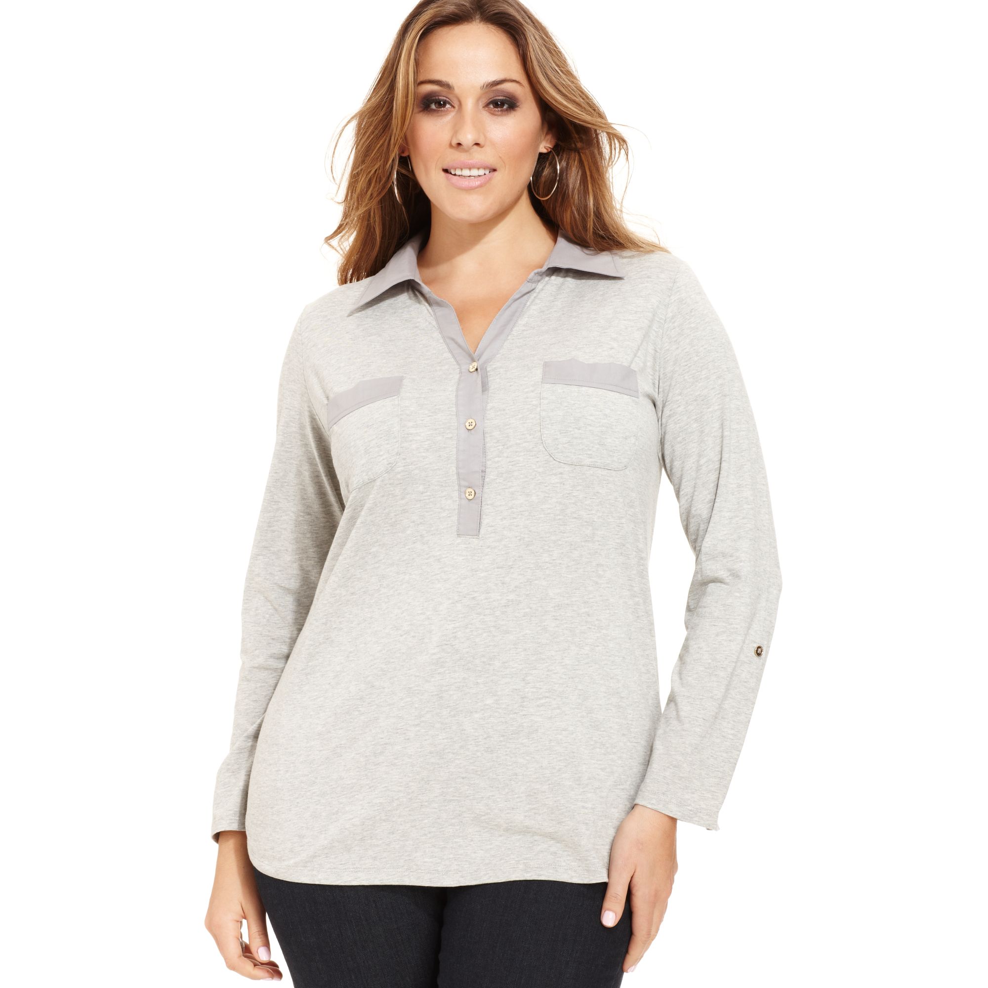 Jones new york Signature Plus Size Longsleeve Polo Shirt in Gray | Lyst