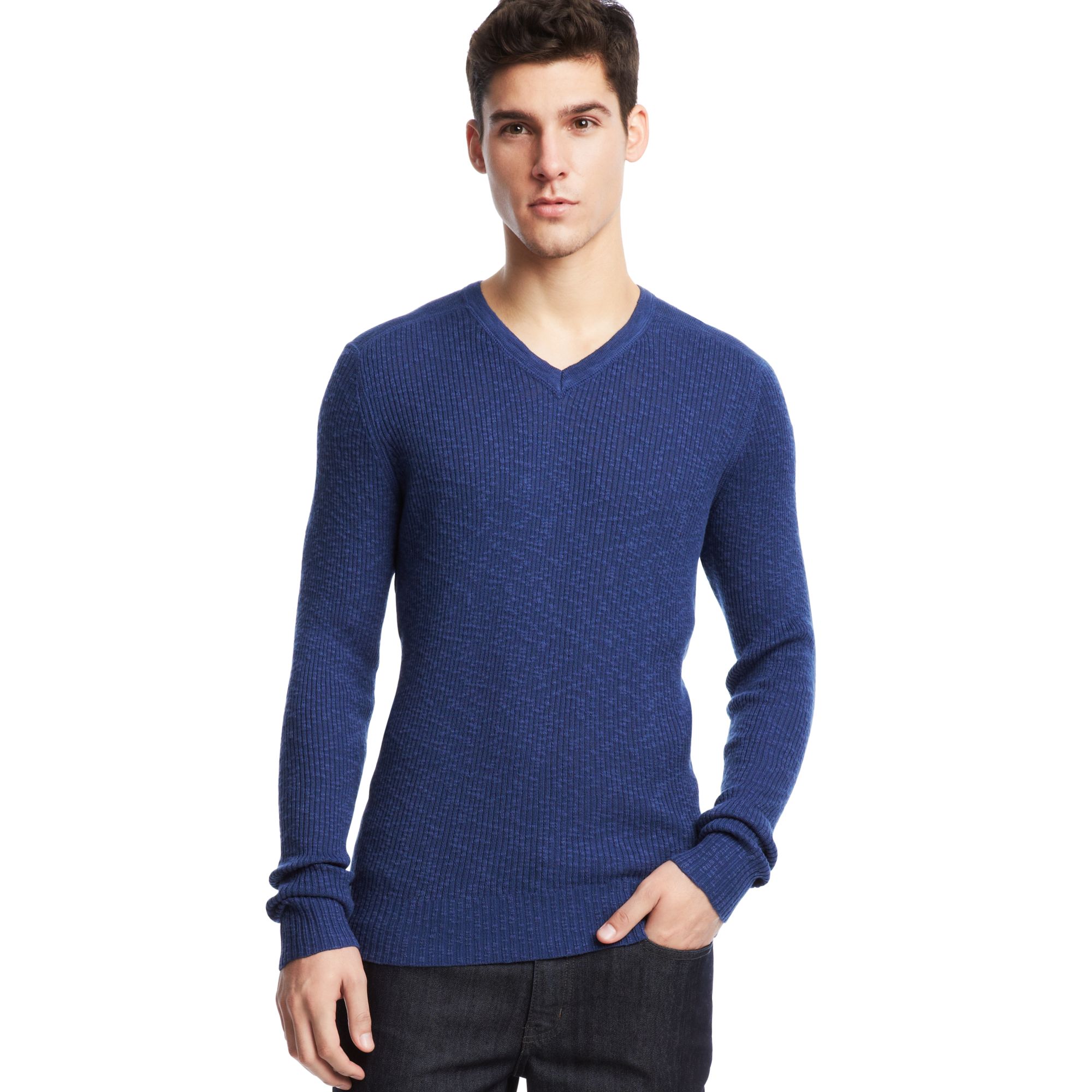 Lyst - Kenneth Cole Reaction Long Sleeve Rib Vneck Pullover Sweater in ...
