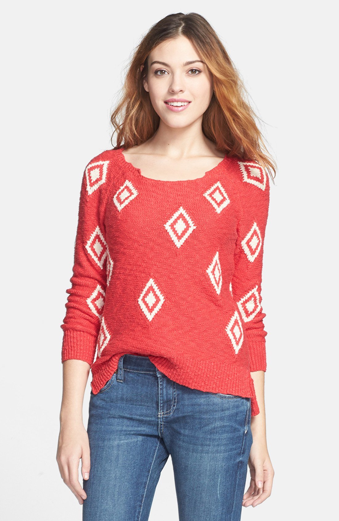 Lucky Brand Diamond Pattern Intarsia Sweater in Red (Poinsettia) | Lyst