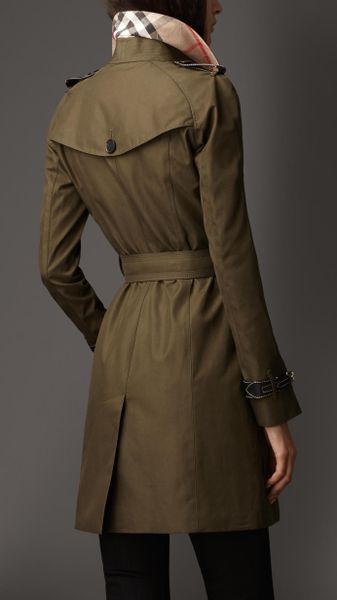 Burberry Long Leather Detail Gabardine Trench Coat in Khaki (dark khaki ...
