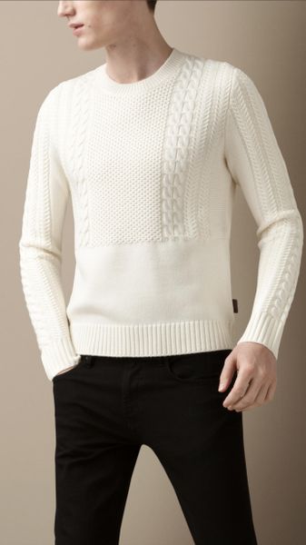 Burberry Placement Cable Knit Sweater in White for Men (natural white ...
