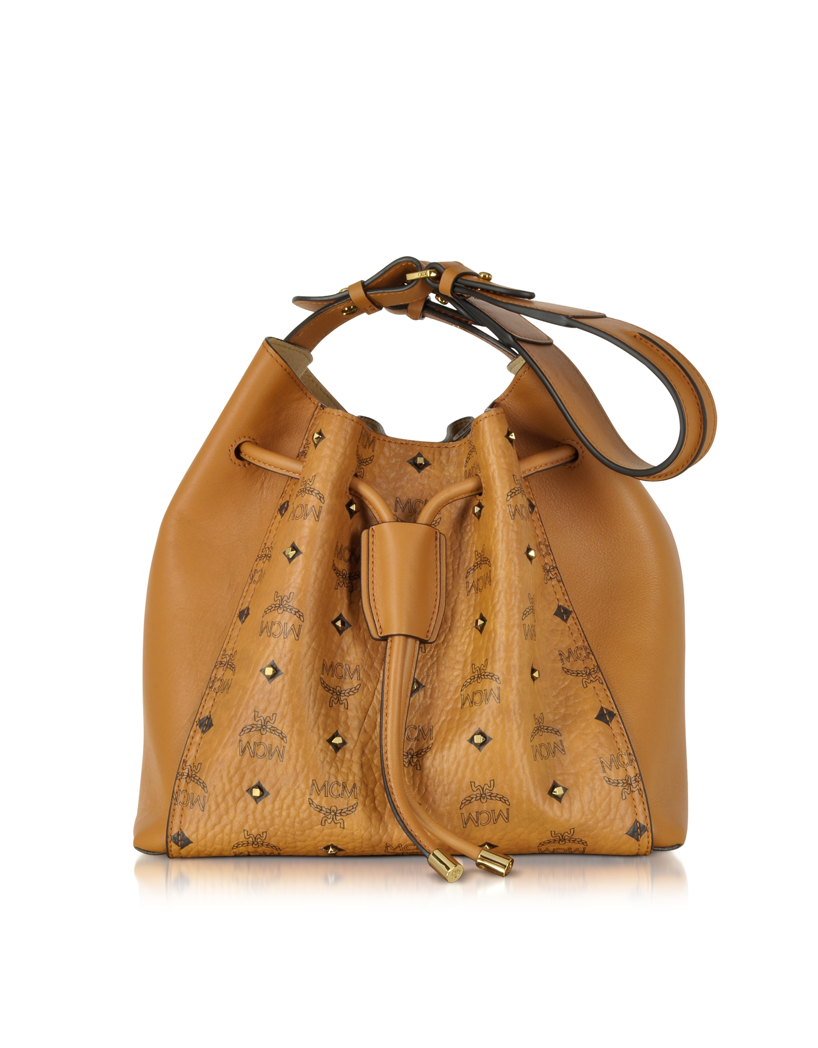 Lyst Mcm Gold Visetos Cognac Medium Bucket Bag in Metallic