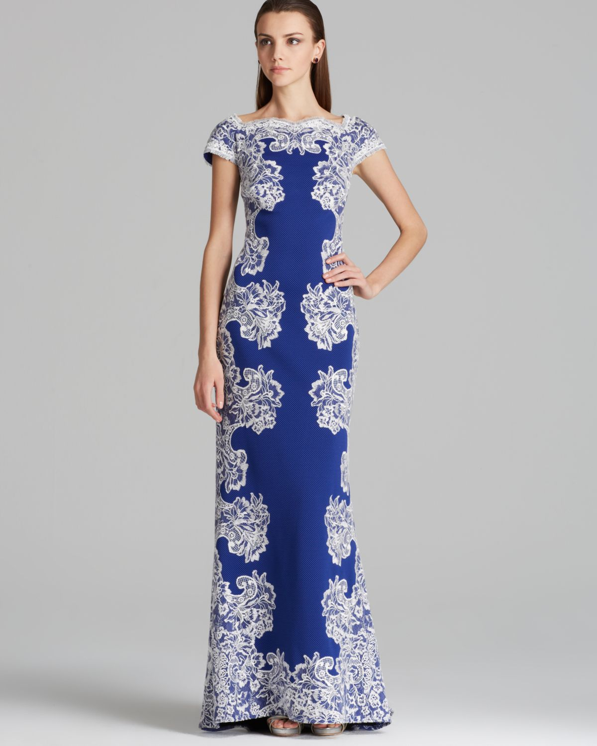 Lyst Tadashi Shoji Contrast Embroidered Knit Maxi Dress In Blue Gallery