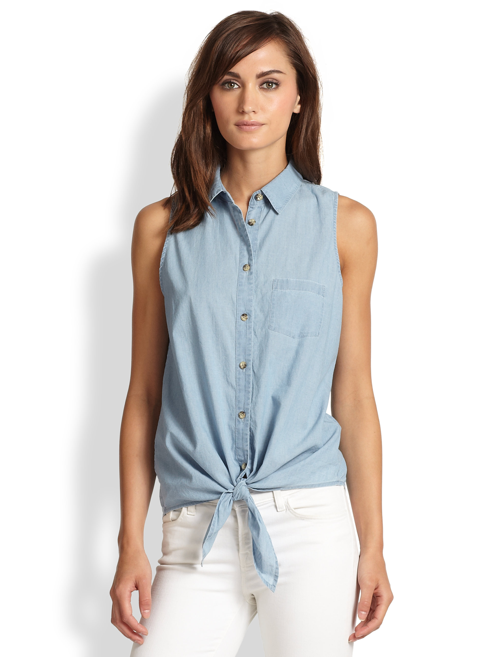 Lyst - Equipment Mina Tiefront Sleeveless Chambray Shirt in Blue