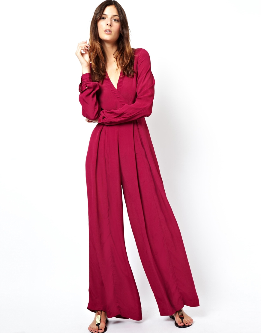 Asos 70s Jumpsuit with Wide Leg in Red | Lyst