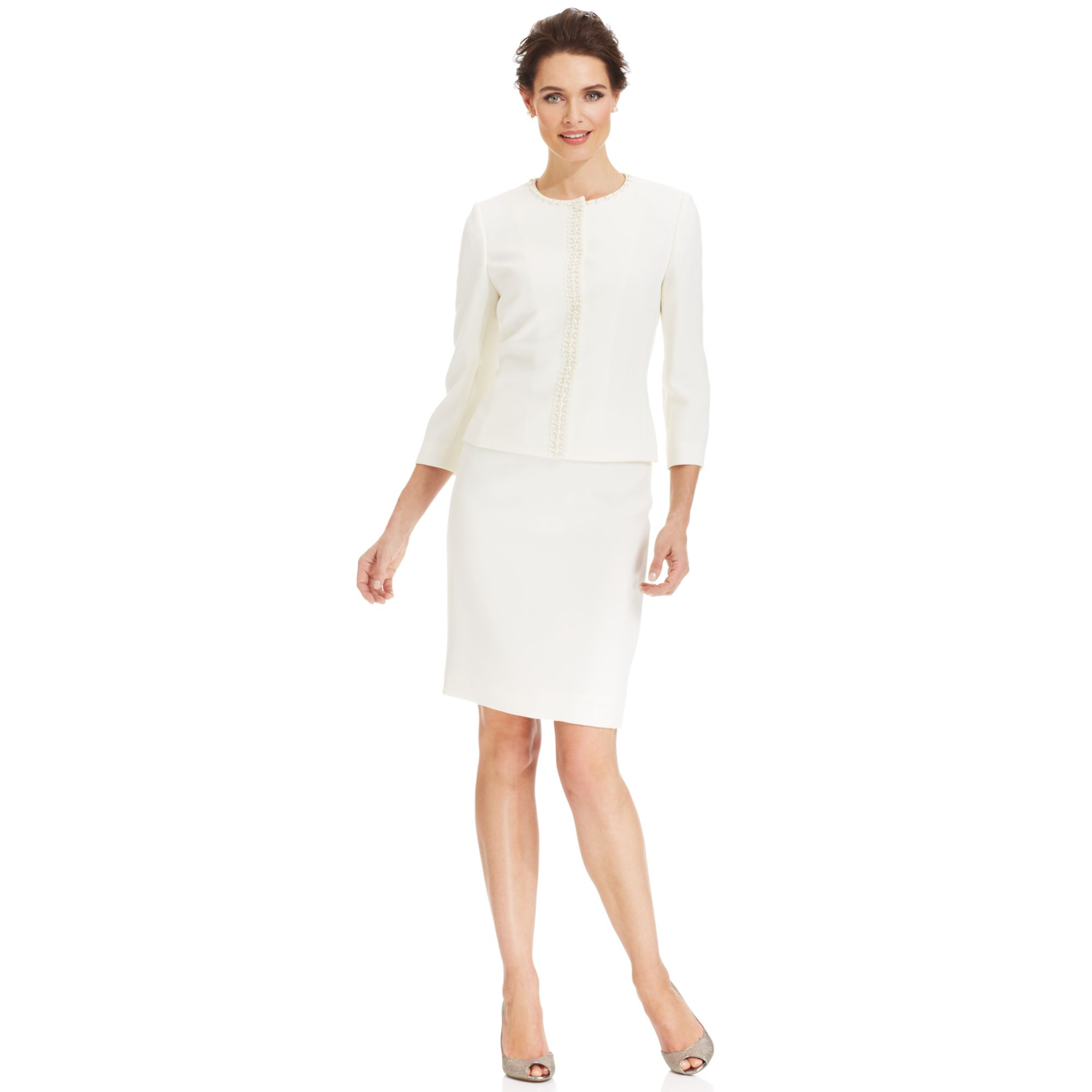 Lyst - Tahari By Asl Collarless Beaded Skirt Suit in White