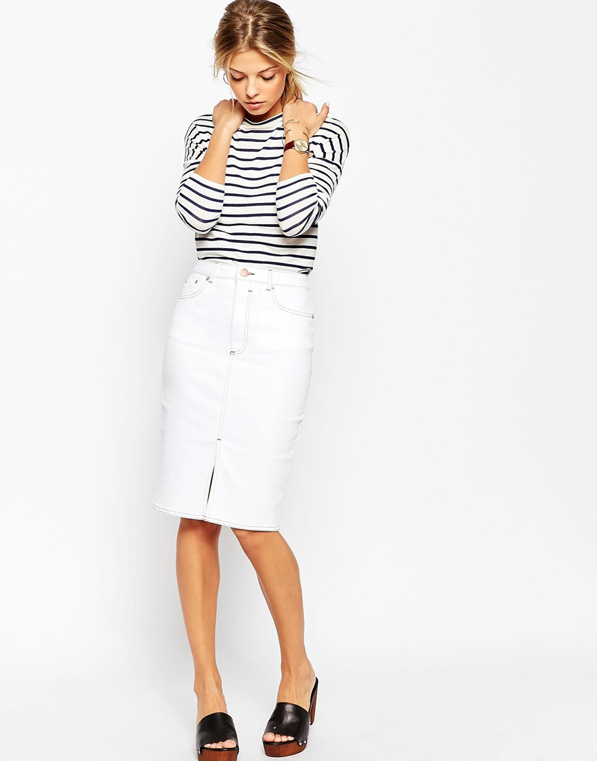 White denim midi pencil skirt brisbane lulus