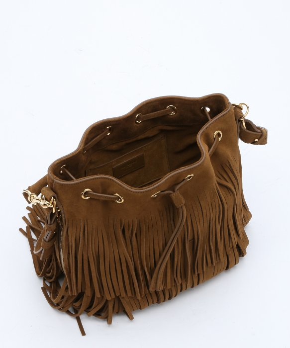 yves saint laurant bag - emmanuelle small suede fringe bucket bag, dark brown