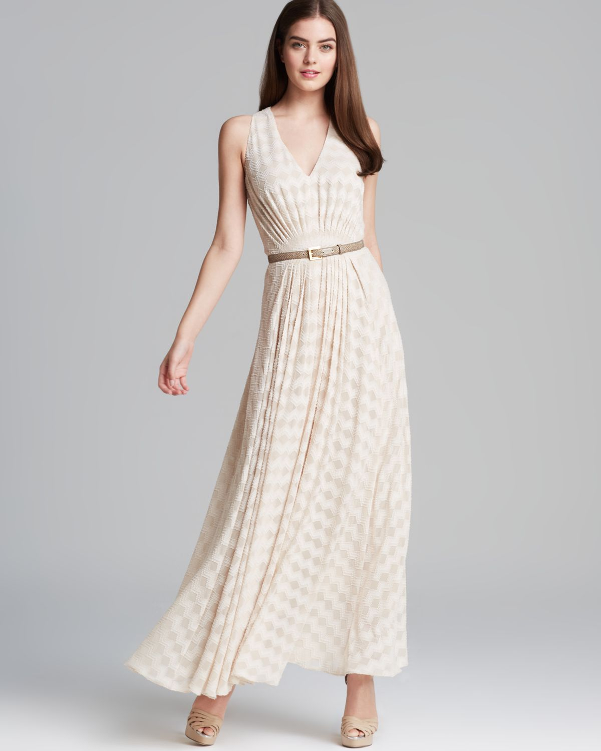 Lyst - Anne Klein Maxi Dress Deco Clip Textured V Neck Belted in Natural