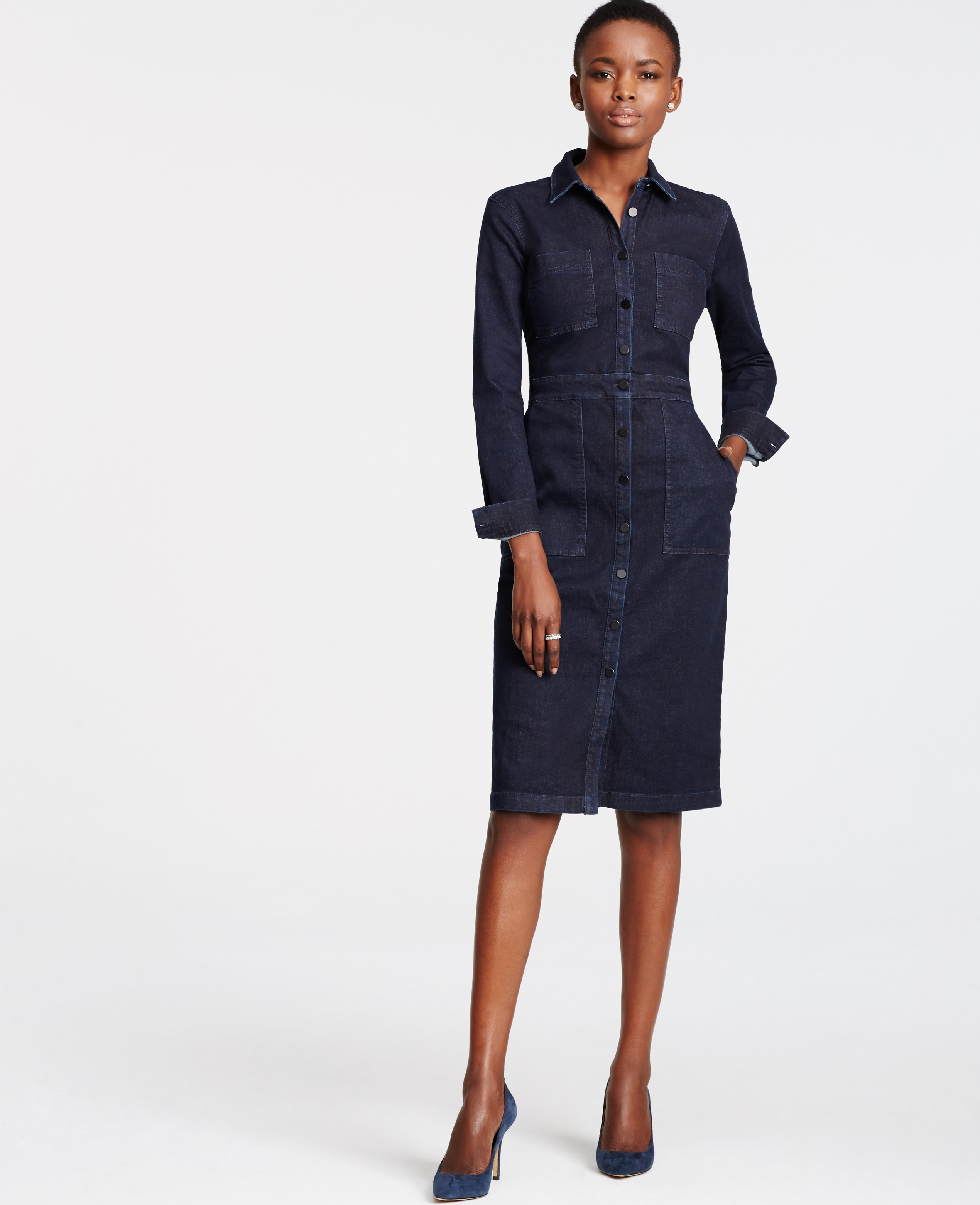 ann taylor navy blue petite denim shirtdress blue product 1 994717247 normal