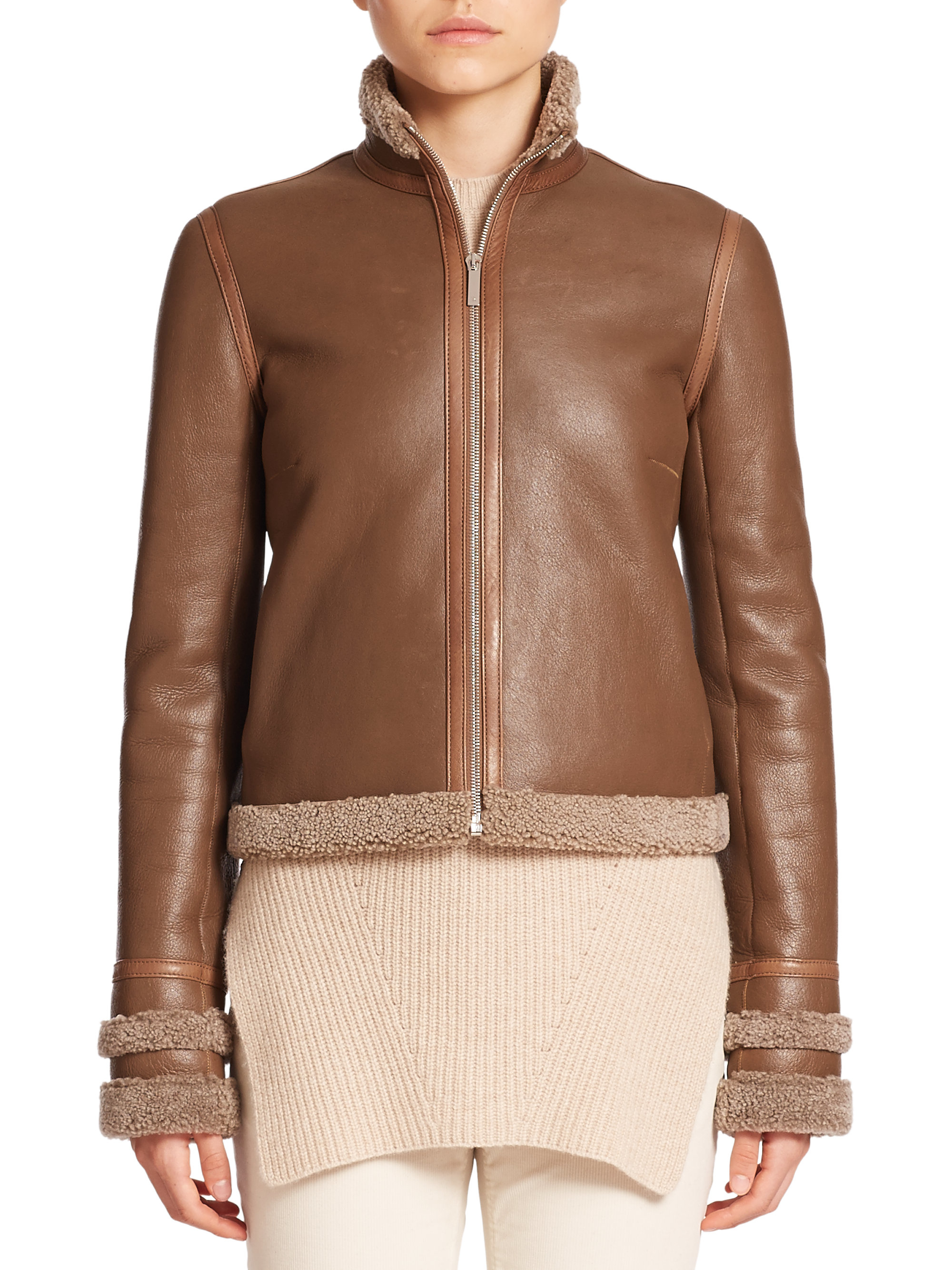 The Row Niedton Cropped Shearling Trimmed Leather Jacket In Brown Gallery Previously Sold At Saks Fifth Avenue Women S Cropped Leather Jackets