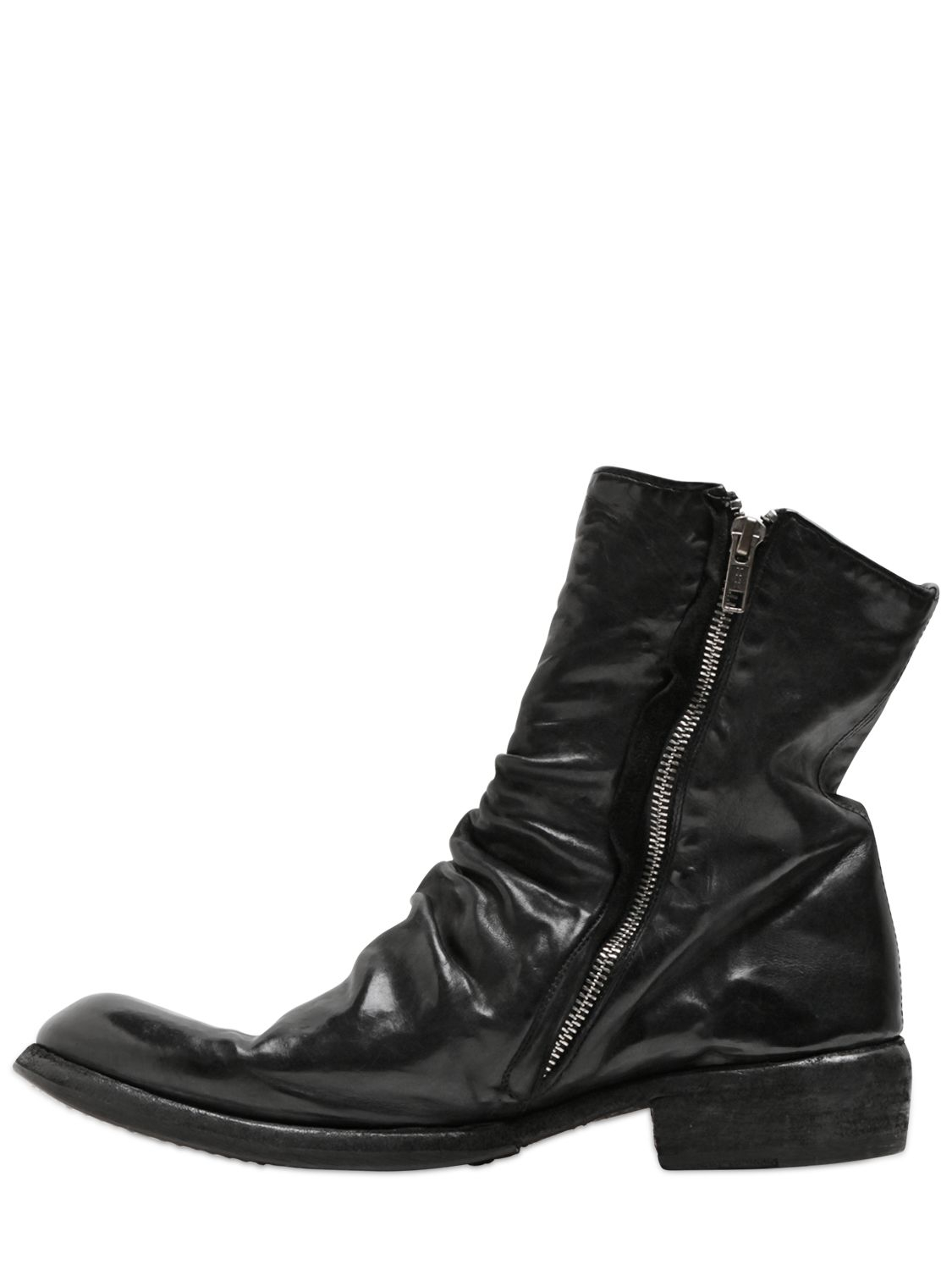 Officine Creative Brushed Washed Wrinkled Leather Boots in Black for