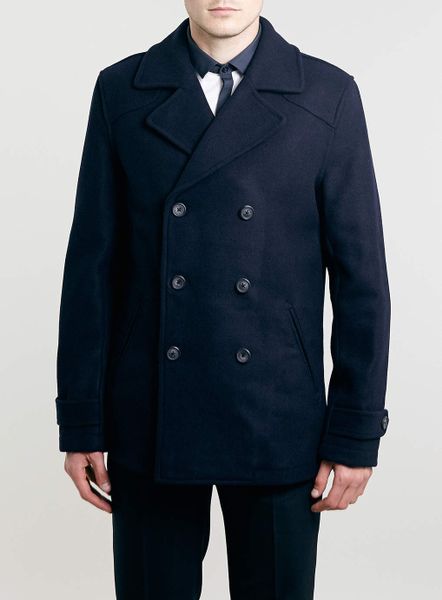 Topman Navy Wool Blend Slim Pea Coat in Blue for Men | Lyst
