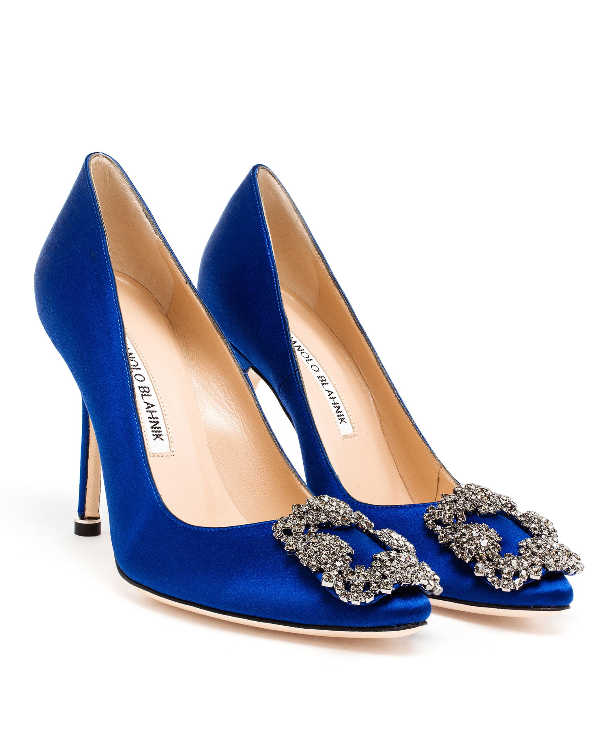 Lyst Manolo Blahnik Hangisi Embellished Satin Pumps In Blue