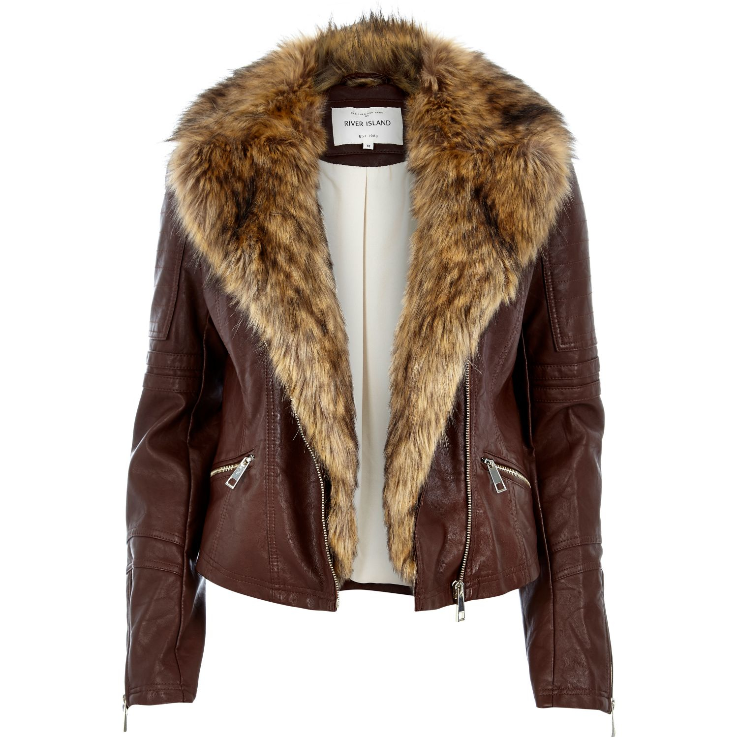 River Island | Brown Leather-look Faux Fur Jacket | Lyst