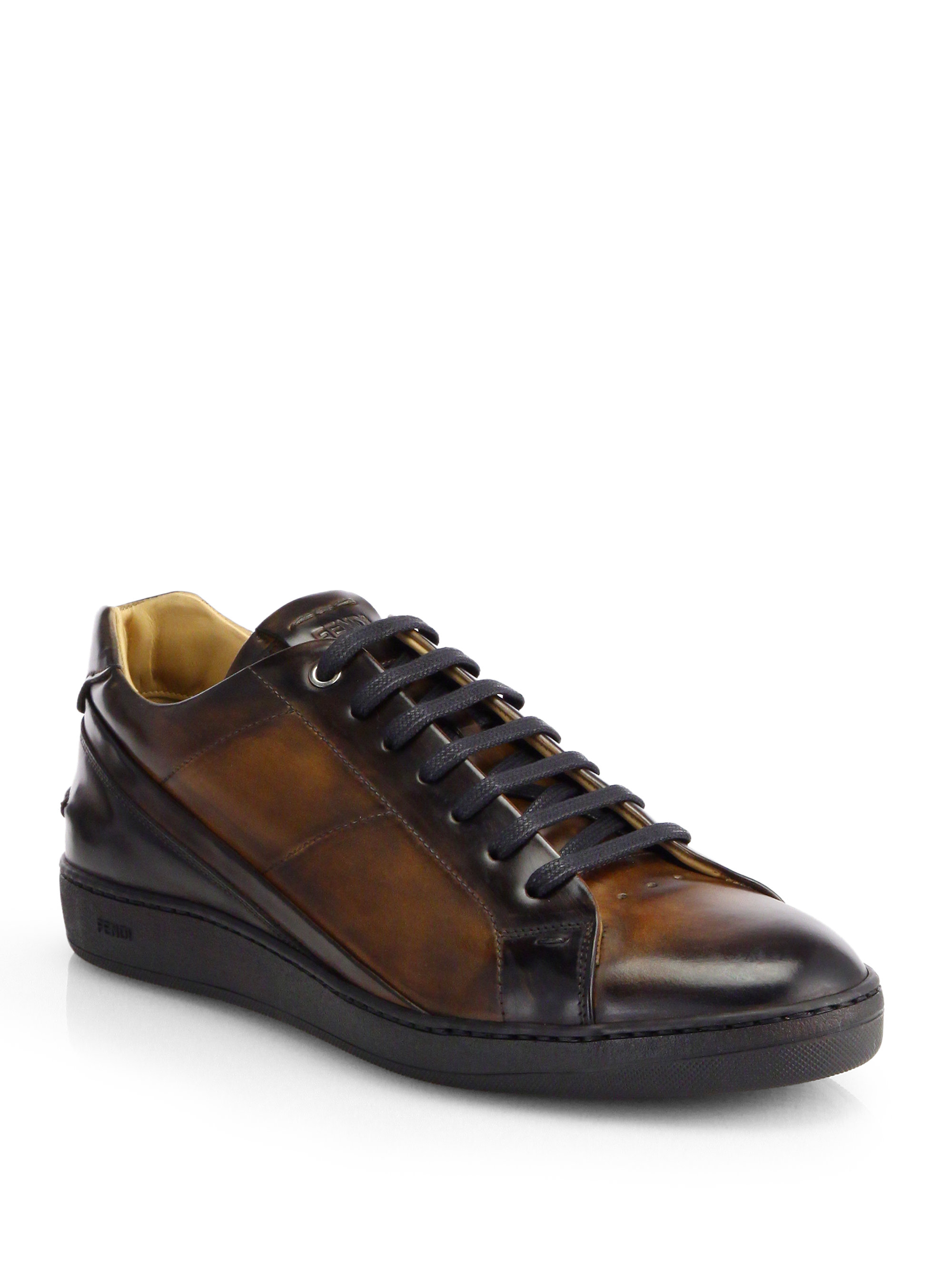 Lyst - Fendi Antiqued Leather Lace-up Sneakers in Black for Men