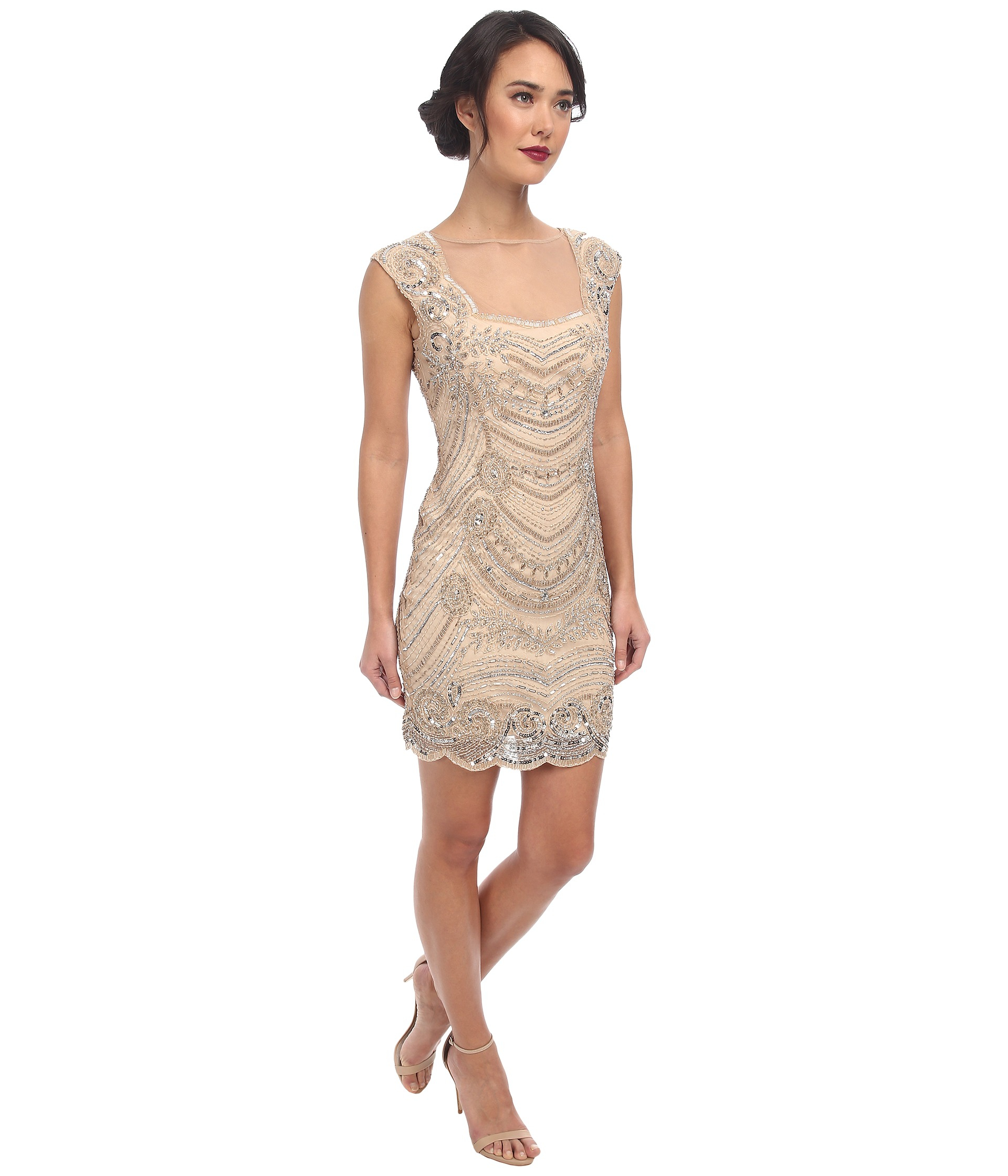 Adrianna papell Short Beaded Dress With Illusion in Natural | Lyst