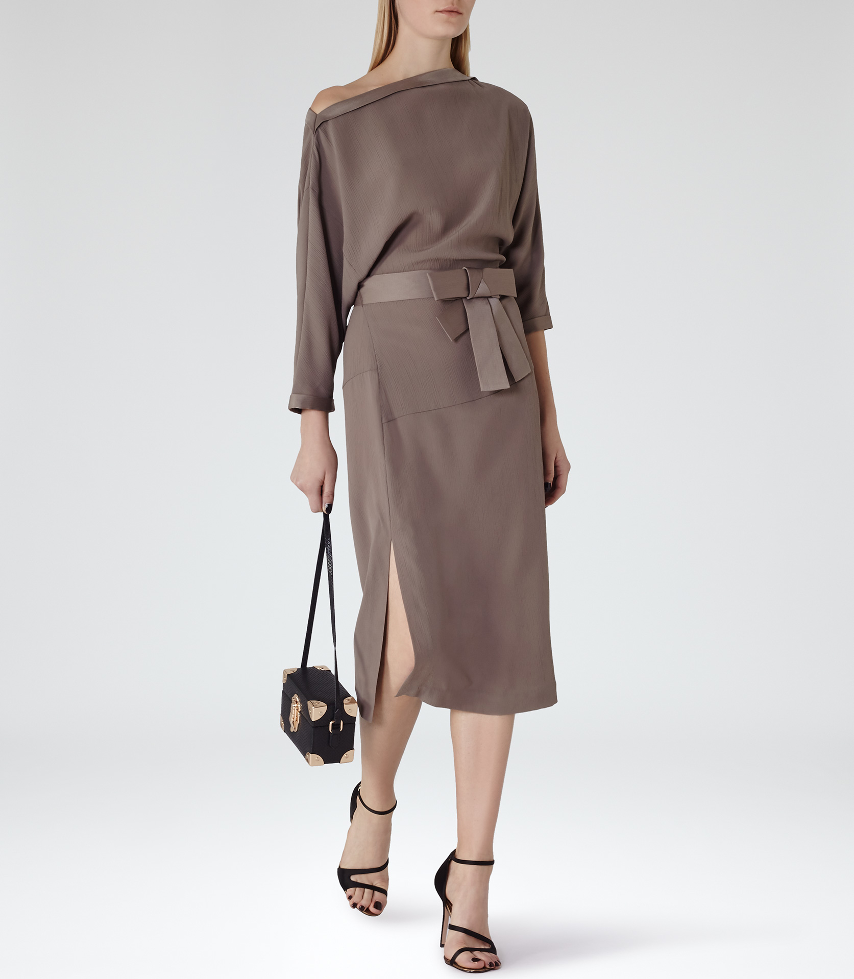 Lyst - Reiss Wren Off-The-Shoulder Midi Dress in Brown