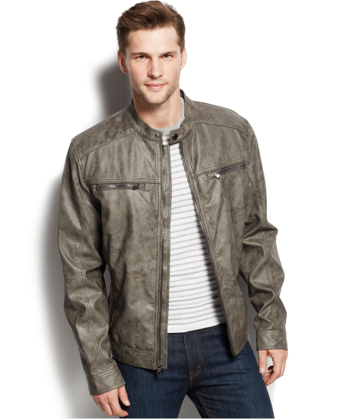 Mens Grey Faux Leather Biker Jacket - Cairoamani.com