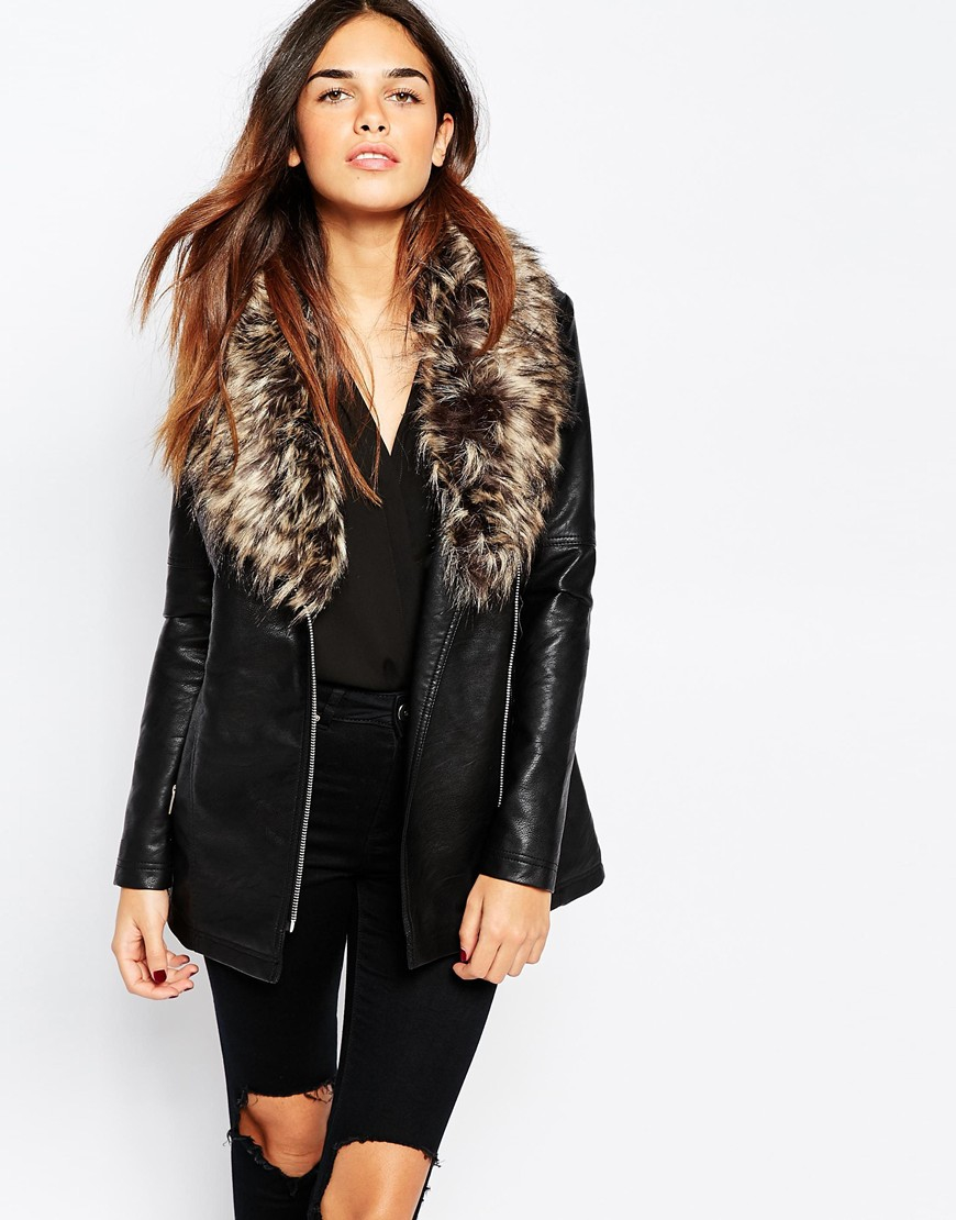 Lyst Warehouse Faux Leather And Fur Collar Jacket In Black Gallery