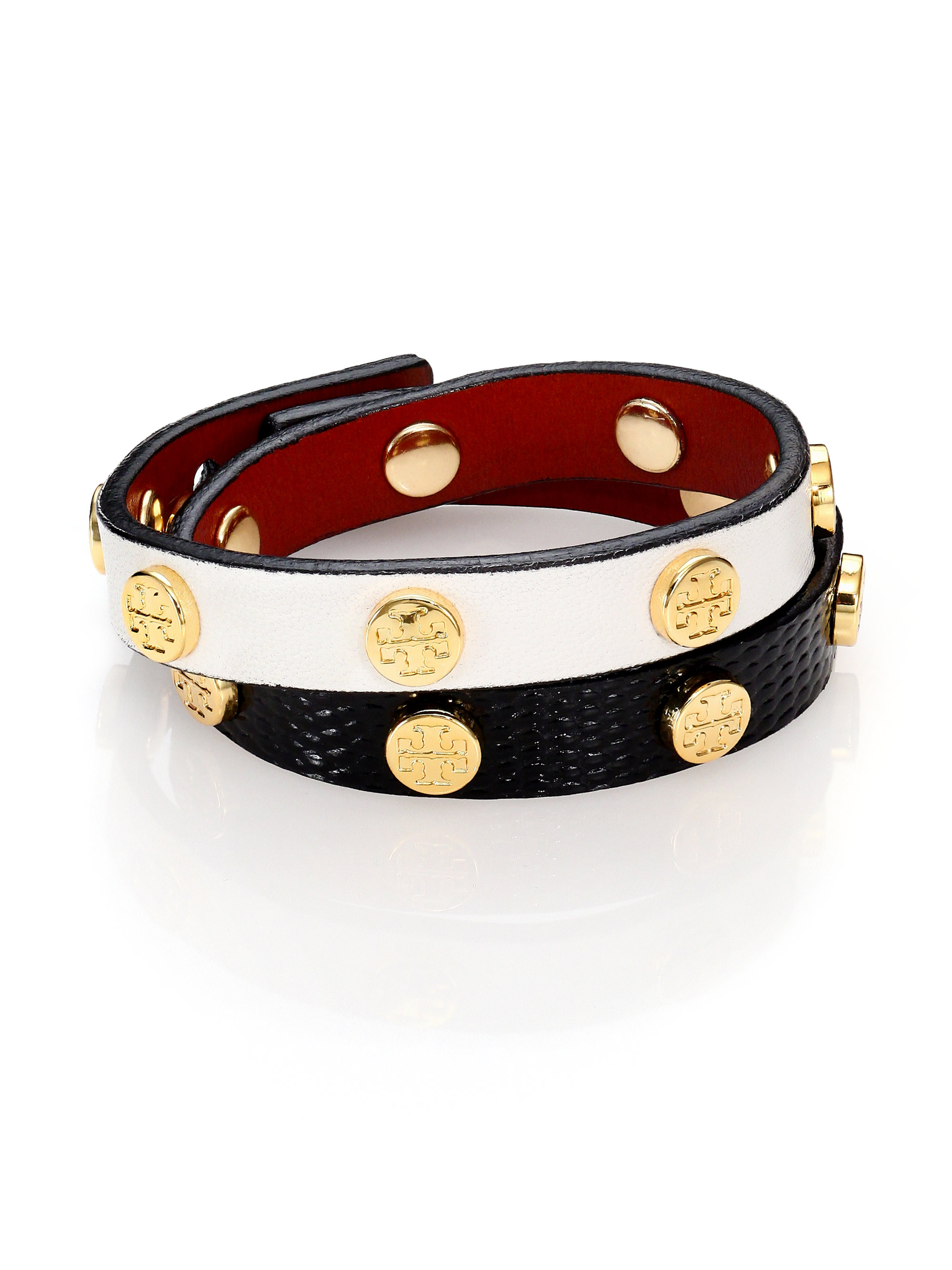 Lyst Tory Burch Logo Stud Mixed Leather Double Wrap Bracelet Black Gallery