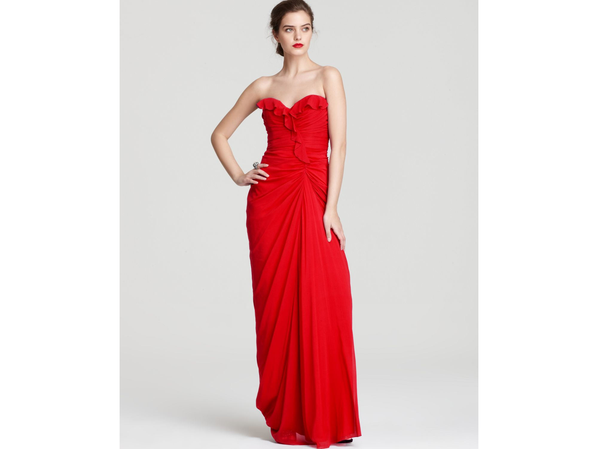 badgley mischka strapless ruffle gown