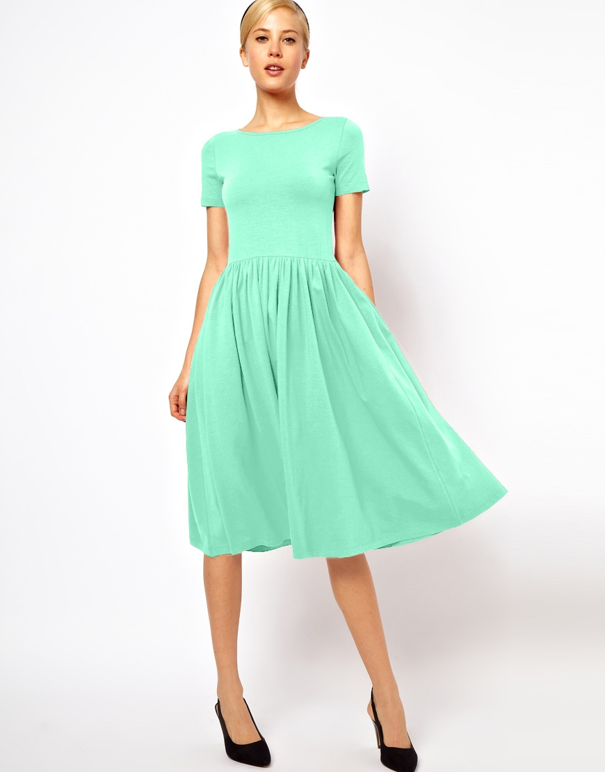 Lyst - Asos Midi Skater Dress With Short Sleeves in Green