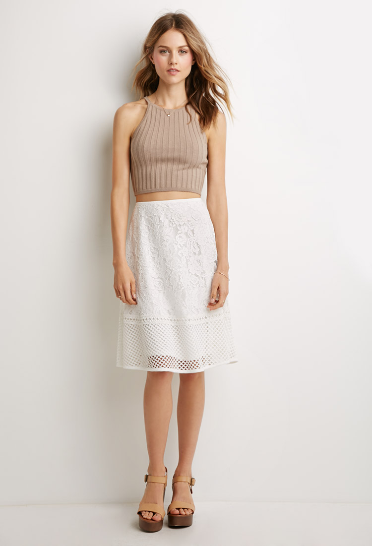 Forever 21 Mesh-paneled Lace A-line Skirt in White | Lyst