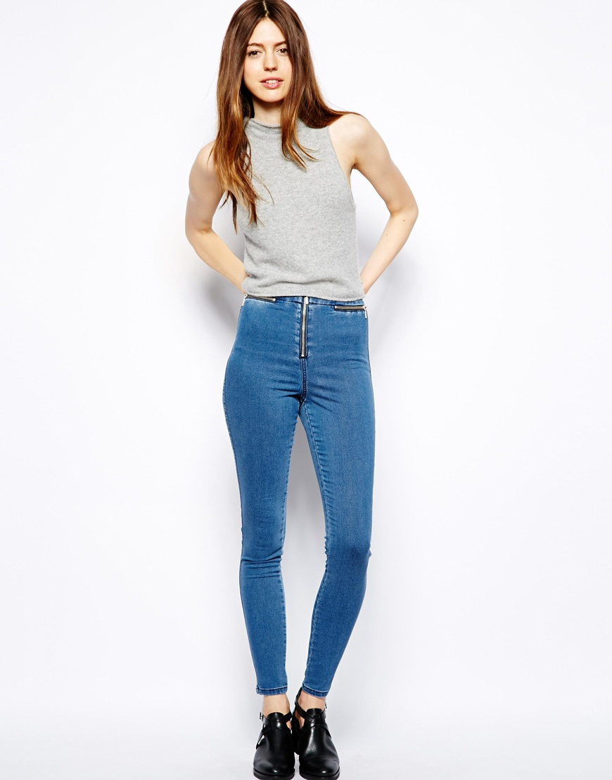 Lyst - Asos High Waist Denim Jeggings in Mid Wash with Zip Front Detail ...