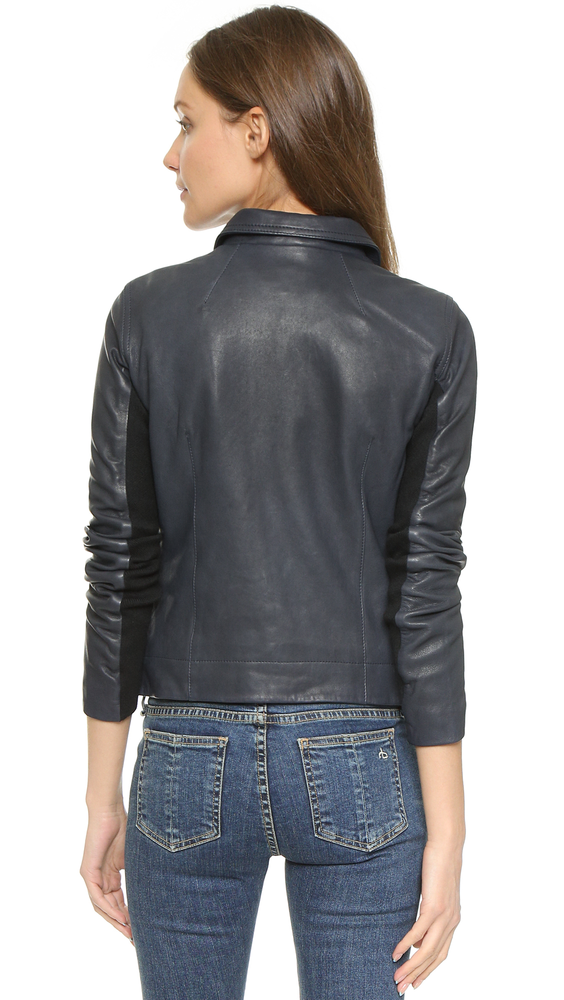 Lyst - June Slim Fit Leather Moto Jacket - Navy in Blue